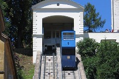 Zagreb, 13. July 2007.  In operation since 1893. Length of track 66 meter, height difference 30,5 meter which makes an inclination at 52%.Until 1934 the funicular was driven by steam engines.