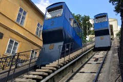 Zagrebačka uspinjača, Zagreb, 14. July 2016.  In operation since 1893. Length of track 66 meter, height difference 30,5 meter which makes an inclination at 52%.Until 1934 the funicular was driven by steam engines.