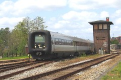 Ic3 trainset MFA 5003/MFB 5203 (named H.C.Andersen) photographed at the railwaystation in Randers 19. May 2007.  The Ic3 was built by ABB Scandia in Denmark. Each unit consists of 3 coaches. Built in a number of 92 trainsets. The trainsets were put in service in 1989 - 1998. 4 diesel engines of 294 kW per trainset. Max speed 180 km/h - 112 mph. Length 58 800 mm. Weight 97 metric tonnes. 16 seats 1st class, 128 seats 2nd class. Up to 5 trainsets can be put together. The MFA 5003/MFB 5203 was put in service in 1989.
