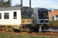 DSB MR 4044/MRD 4244 and MR 4033/MRD 4233 photographed at the railway station in Struer 21. January 2007.  The MR class was purchased from 1981 to 1985 in a number of 97. The MR class was purchased from 1978 to 1985 in a number of 98. The first 30 of the MR class were built by Uerdingen in Germany, the rest of the MR class and all of the MRD class were built by Scandia in Denmark. Dieselhydraulic Deutz engine. 325 hp. Max speed 120 km/h - 75 mph. Length each unit 22 335 mm. Weight 34,5 metric tonnes. One trainset consists of two units. Renovated in 1995 - 1997. Increased max. speed to 130 km/h - 81 mph. MR 4044 was put in service in 1979 - MRD 4244 was put in service in 1982. MR 4033 was put in service in 1978 - MRD 4233 was put in service in 1982.