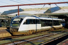 DSB Desiro MQ 4114 trainset photographed at the railway station in Fredericia 25. December 2005. The MQ class is built by Siemens in Germany. DSB has leased 12 units primarily for the line Odense - Svendborg. The type is used widely in Germany. The trainsets were put in service in Denmark in 2002. Two diesel engines of 315 kW per trainset. Max speed 120 km/h - 75 mph. Length 41 700 mm. Weight 68,2 metric tonnes. 114 seats 2nd class. Up to 3 trainsets can be put together.