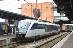 DSB Desiro MQ 4118/4918 trainset photographed at the railway station in Odense 17. March 2006. The MQ class is built by Siemens in Germany. DSB has leased 12 units primarily for the line Odense - Svendborg. The type is used widely in Germany. The trainsets were put in service in Denmark in 2002. Two diesel engines of 315 kW per trainset. Max speed 120 km/h - 75 mph. Length 41 700 mm. Weight 68,2 metric tonnes. 114 seats 2nd class. Up to 3 trainsets can be put together.