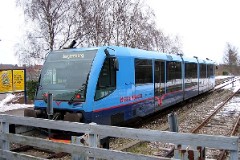 Nærumbanen Lm 25 (RegioSprinter) photographed in Nærum 23. February 2005.  The trainsets were built by Duewag in 1998 and delivered to Nærumbanen ( LNJ ) in 1999. A total number of 4 was delivered. 2 MAN 5 cyl. diesel engines of 228 kW - 310 hp. A2A. Max speed 80 km/h - 50 mph. Length 24 800 mm. Weight 33,1 metric tonnes. 58 seats.