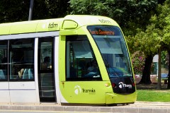 tdm (Tranvia de Murcia) Citadis 302, Murcia, Plaza Circular, 22. June 2015.  Delivered 2007 to 2011 (ex Madrid). Manufacturer: Alstom. Quantity in Murcia: 11.