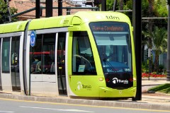 tdm (Tranvia de Murcia) Citadis 302, Murcia, Plaza Circular, 22. June 2015.  Delivered 2007 to 2011 (ex Madrid). Manufacturer: Alstom. Quantity in Murcia: 11.