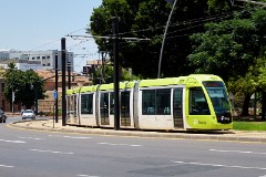 tdm (Tranvia de Murcia) Citadis 302, Murcia, Plaza Circular, 22. June 2015.  Delivered 2007 to 2011 (ex Madrid). Manufacturer: Alstom. Quantity in Murcia: 11.