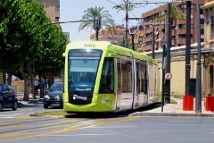 tdm (Tranvia de Murcia) Citadis 302, Murcia, Plaza Circular, 22. June 2015.  Delivered 2007 to 2011 (ex Madrid). Manufacturer: Alstom. Quantity in Murcia: 11.