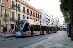TUSSAM (Transportes Urbanos af Sevilla , Sociedad Anonima Municipal) Urbus 3, photographed in Sevilla 8. July 2015. Delivered 2011. Manufacturer: CAF. Quantity in Sevilla: 4.