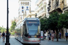 TUSSAM (Transportes Urbanos af Sevilla , Sociedad Anonima Municipal) Urbus 3, photographed in Sevilla 8. July 2015. Delivered 2011. Manufacturer: CAF. Quantity in Sevilla: 4.