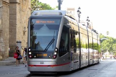 TUSSAM (Transportes Urbanos af Sevilla , Sociedad Anonima Municipal) Urbus 3, photographed in Sevilla 8. July 2015. Delivered 2011. Manufacturer: CAF. Quantity in Sevilla: 4.