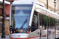 TUSSAM (Transportes Urbanos af Sevilla , Sociedad Anonima Municipal) Urbus 3, photographed in Sevilla 8. July 2015. Delivered 2011. Manufacturer: CAF. Quantity in Sevilla: 4.