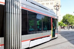 TUSSAM (Transportes Urbanos af Sevilla , Sociedad Anonima Municipal) Urbus 3, photographed in Sevilla 8. July 2015. Delivered 2011. Manufacturer: CAF. Quantity in Sevilla: 4.