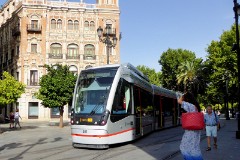 TUSSAM (Transportes Urbanos af Sevilla , Sociedad Anonima Municipal) Urbus 3, photographed in Sevilla 8. July 2015. Delivered 2011. Manufacturer: CAF. Quantity in Sevilla: 4.