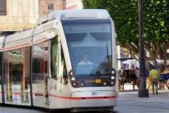 TUSSAM (Transportes Urbanos af Sevilla , Sociedad Anonima Municipal) Urbus 3, photographed in Sevilla 8. July 2015. Delivered 2011. Manufacturer: CAF. Quantity in Sevilla: 4.