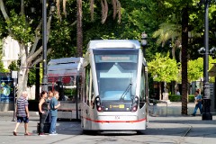 TUSSAM (Transportes Urbanos af Sevilla , Sociedad Anonima Municipal) Urbus 3, photographed in Sevilla 9. July 2015. Delivered 2011. Manufacturer: CAF. Quantity in Sevilla: 4.
