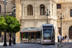 TUSSAM (Transportes Urbanos af Sevilla , Sociedad Anonima Municipal) Urbus 3, photographed in Sevilla 9. July 2015. Delivered 2011. Manufacturer: CAF. Quantity in Sevilla: 4.
