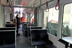 Stadler Variobahn, photographed at the work shop of Midttrafik in Aarhus, 8. October 2016.  This type will be delivered in a number of 14 . It has a maximum speed of 80 km/h. The new tram line is supposed to be ready for operation in 2017. The tram line transforms two existing railways - Odderbanen and the Grenaa railway - to an electric light rail. The two lines will be connected via a new track from Lystrup, Skejby, Randersvej, the urban harbor and Aarhus Central Station.