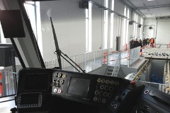 Stadler Variobahn, photographed at the work shop of Midttrafik in Aarhus, 8. October 2016.  This type will be delivered in a number of 14 . It has a maximum speed of 80 km/h. The new tram line is supposed to be ready for operation in 2017. The tram line transforms two existing railways - Odderbanen and the Grenaa railway - to an electric light rail. The two lines will be connected via a new track from Lystrup, Skejby, Randersvej, the urban harbor and Aarhus Central Station.