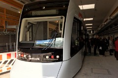 Stadler Tango, photographed at the work shop of Midttrafik in Aarhus, 8. October 2016.  This type will be delivered in a number of 12 . It has a maximum speed of 100 km/h. The new tram line is supposed to be ready for operation in 2017. The tram line transforms two existing railways - Odderbanen and the Grenaa railway - to an electric light rail. The two lines will be connected via a new track from Lystrup, Skejby, Randersvej, the urban harbor and Aarhus Central Station.