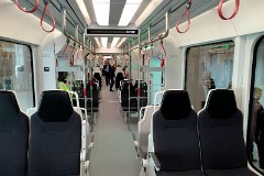 Stadler Tango, photographed at the work shop of Midttrafik in Aarhus, 8. October 2016.  This type will be delivered in a number of 12 . It has a maximum speed of 100 km/h. The new tram line is supposed to be ready for operation in 2017. The tram line transforms two existing railways - Odderbanen and the Grenaa railway - to an electric light rail. The two lines will be connected via a new track from Lystrup, Skejby, Randersvej, the urban harbor and Aarhus Central Station.