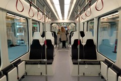 Stadler Tango, photographed at the work shop of Midttrafik in Aarhus, 8. October 2016.  This type will be delivered in a number of 12 . It has a maximum speed of 100 km/h. The new tram line is supposed to be ready for operation in 2017. The tram line transforms two existing railways - Odderbanen and the Grenaa railway - to an electric light rail. The two lines will be connected via a new track from Lystrup, Skejby, Randersvej, the urban harbor and Aarhus Central Station.