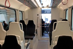 Stadler Tango, photographed at the work shop of Midttrafik in Aarhus, 8. October 2016.  This type will be delivered in a number of 12 . It has a maximum speed of 100 km/h. The new tram line is supposed to be ready for operation in 2017. The tram line transforms two existing railways - Odderbanen and the Grenaa railway - to an electric light rail. The two lines will be connected via a new track from Lystrup, Skejby, Randersvej, the urban harbor and Aarhus Central Station.