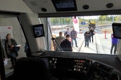 Stadler Tango, photographed at the work shop of Midttrafik in Aarhus, 8. October 2016.  This type will be delivered in a number of 12 . It has a maximum speed of 100 km/h. The new tram line is supposed to be ready for operation in 2017. The tram line transforms two existing railways - Odderbanen and the Grenaa railway - to an electric light rail. The two lines will be connected via a new track from Lystrup, Skejby, Randersvej, the urban harbor and Aarhus Central Station.