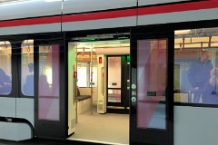 Stadler Tango, photographed at the work shop of Midttrafik in Aarhus, 8. October 2016.  This type will be delivered in a number of 12 . It has a maximum speed of 100 km/h. The new tram line is supposed to be ready for operation in 2017. The tram line transforms two existing railways - Odderbanen and the Grenaa railway - to an electric light rail. The two lines will be connected via a new track from Lystrup, Skejby, Randersvej, the urban harbor and Aarhus Central Station.
