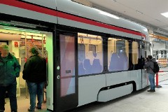 Stadler Tango, photographed at the work shop of Midttrafik in Aarhus, 8. October 2016.  This type will be delivered in a number of 12 . It has a maximum speed of 100 km/h. The new tram line is supposed to be ready for operation in 2017. The tram line transforms two existing railways - Odderbanen and the Grenaa railway - to an electric light rail. The two lines will be connected via a new track from Lystrup, Skejby, Randersvej, the urban harbor and Aarhus Central Station.