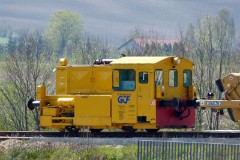 Work train from GCF (Generale Costruzioni Ferroviarie) photographed in Lisbjerg by Aarhus 7. May 2016. A new light rail system is under construction in the region of Aarhus. The new tram line is supposed to be ready for operation in 2017. The tram line transforms two existing railways - Odderbanen and the Grenaa railway - to an electric light rail. The two lines will be connected via a new track from Lystrup, Skejby, Randersvej, the urban harbor and Aarhus Central Station.