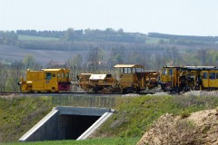 Work train from GCF (Generale Costruzioni Ferroviarie) photographed in Lisbjerg by Aarhus 7. May 2016. A new light rail system is under construction in the region of Aarhus. The new tram line is supposed to be ready for operation in 2017. The tram line transforms two existing railways - Odderbanen and the Grenaa railway - to an electric light rail. The two lines will be connected via a new track from Lystrup, Skejby, Randersvej, the urban harbor and Aarhus Central Station.
