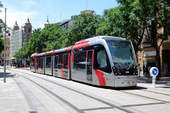 Tranvia Zaragoza, Urbus 3 photographed in Zaragoza, 15. June 2015. Delivered 2010 - 2012. Manufacturer: CAF. Quantity in Zaragoza: 21.