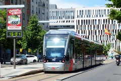 Tranvia Zaragoza, Urbus 3 photographed in Zaragoza, 16. June 2015. Delivered 2010 - 2012. Manufacturer: CAF. Quantity in Zaragoza: 21.
