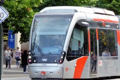 Tranvia Zaragoza, Urbus 3 photographed in Zaragoza, 31. May 2016. Delivered 2010 - 2012. Manufacturer: CAF. Quantity in Zaragoza: 21.