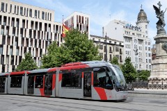 Tranvia Zaragoza, Urbus 3 photographed in Zaragoza, 31. May 2016. Delivered 2010 - 2012. Manufacturer: CAF. Quantity in Zaragoza: 21.