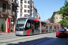 Tranvia Zaragoza, Urbus 3 photographed in Zaragoza, 1. June 2016. Delivered 2010 - 2012. Manufacturer: CAF. Quantity in Zaragoza: 21.